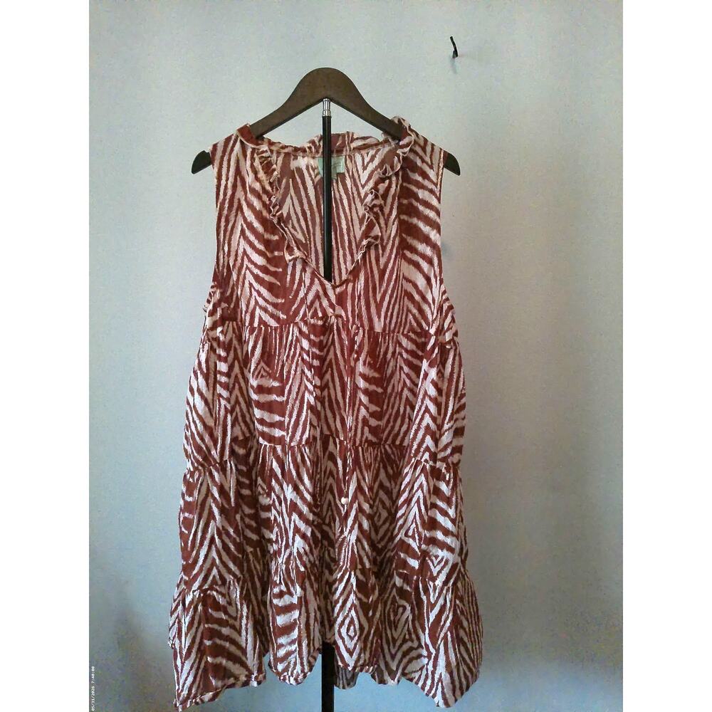 True Destinations Zebra Print Tiered Mini Dress Rust Brown Cream Sleeveless XL